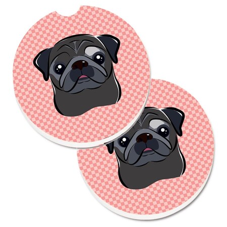 Carolines Treasures Checkerboard Pink and Black Pug  Cup Holder Car Coaster, PK2 BB1263CARC